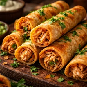 Delicieux taquitos au poulet croustillants, idéaux pour un apéritif.