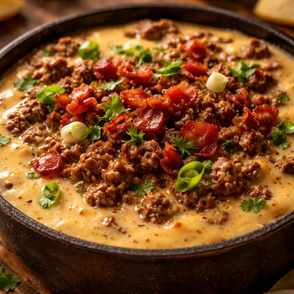 Recette de Trempette Queso au Bœuf servie dans un plat en céramique.
