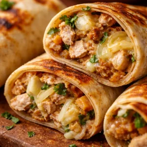 Wraps de poulet au fromage et à l'ail, prêts à déguster.