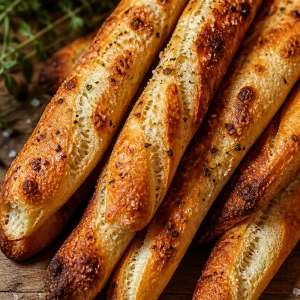 Bâtonnets de pain au levain fraîchement cuits, dorés et appétissants.