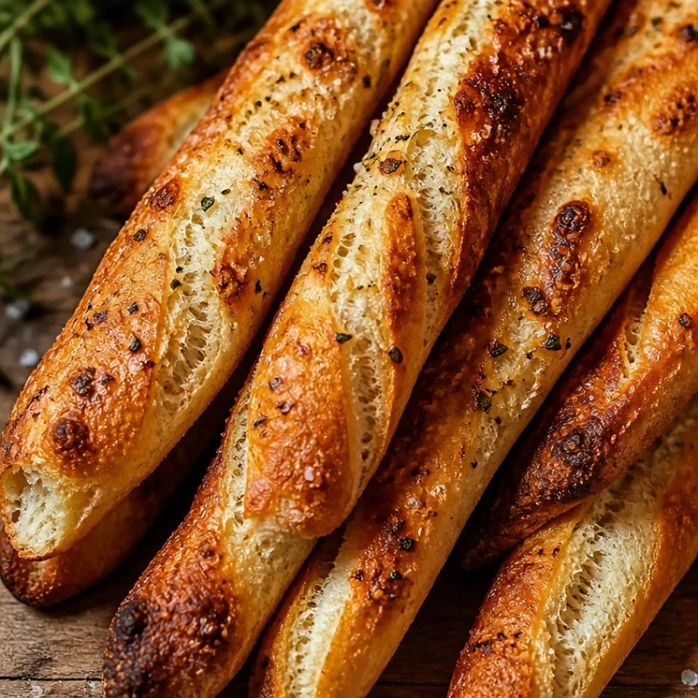 Bâtonnets de pain au levain fraîchement cuits, dorés et appétissants.