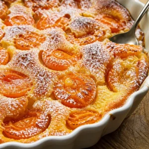 Flaugnarde aux abricots servie dans un plat en céramique