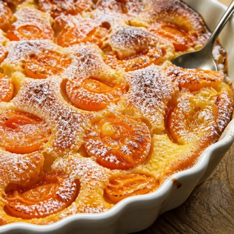 Flaugnarde aux abricots servie dans un plat en céramique
