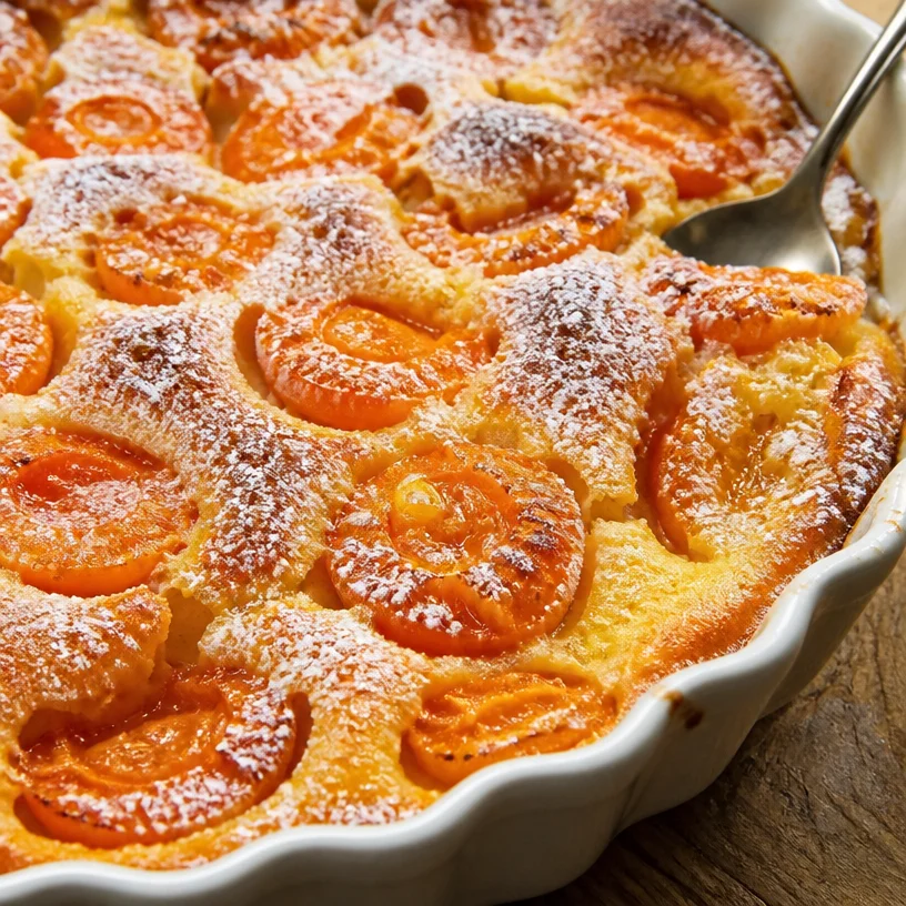 Flaugnarde aux abricots servie dans un plat en céramique
