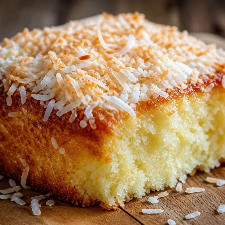 Gâteau Noix de Coco moelleux et savoureux décoré de noix de coco râpée.