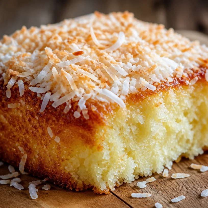 Gâteau Noix de Coco moelleux et savoureux décoré de noix de coco râpée.