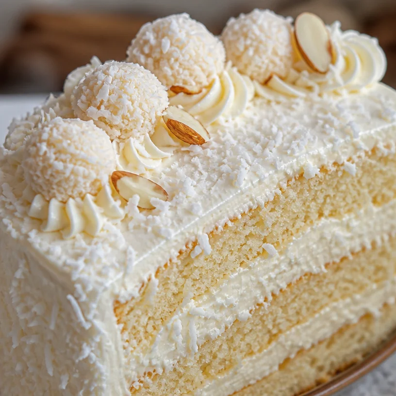 Gâteau Raffaello à la noix de coco avec des noix de coco râpées sur le dessus