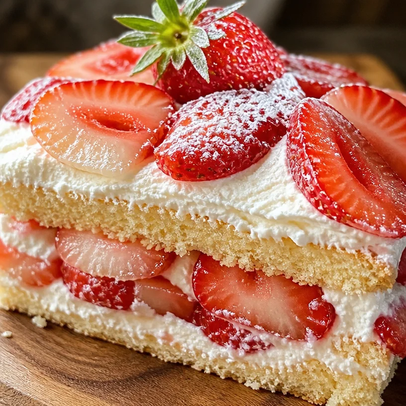 Gâteau aux fraises garni de fraises fraîches et crème, parfait pour les gourmands.