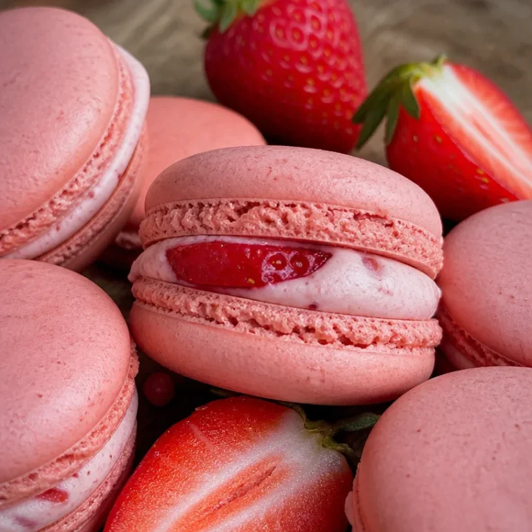 Macarons aux fraises colorés et appétissants sur une assiette