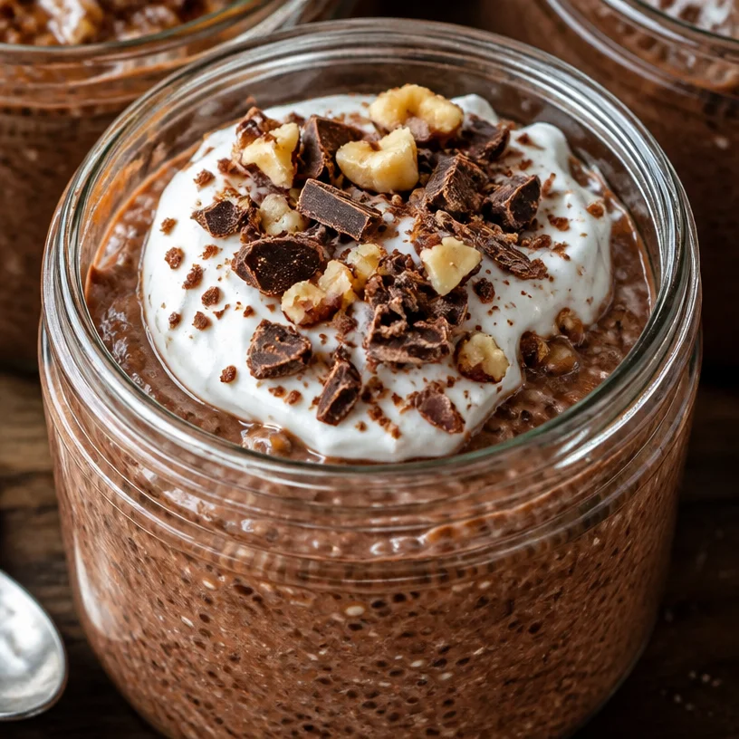 Mousse de chia au chocolat prête à déguster, dessert sain et gourmand