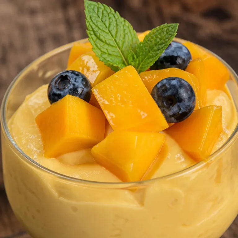 Mousse de mangue crémeuse et fruitée servie dans un verre élégant