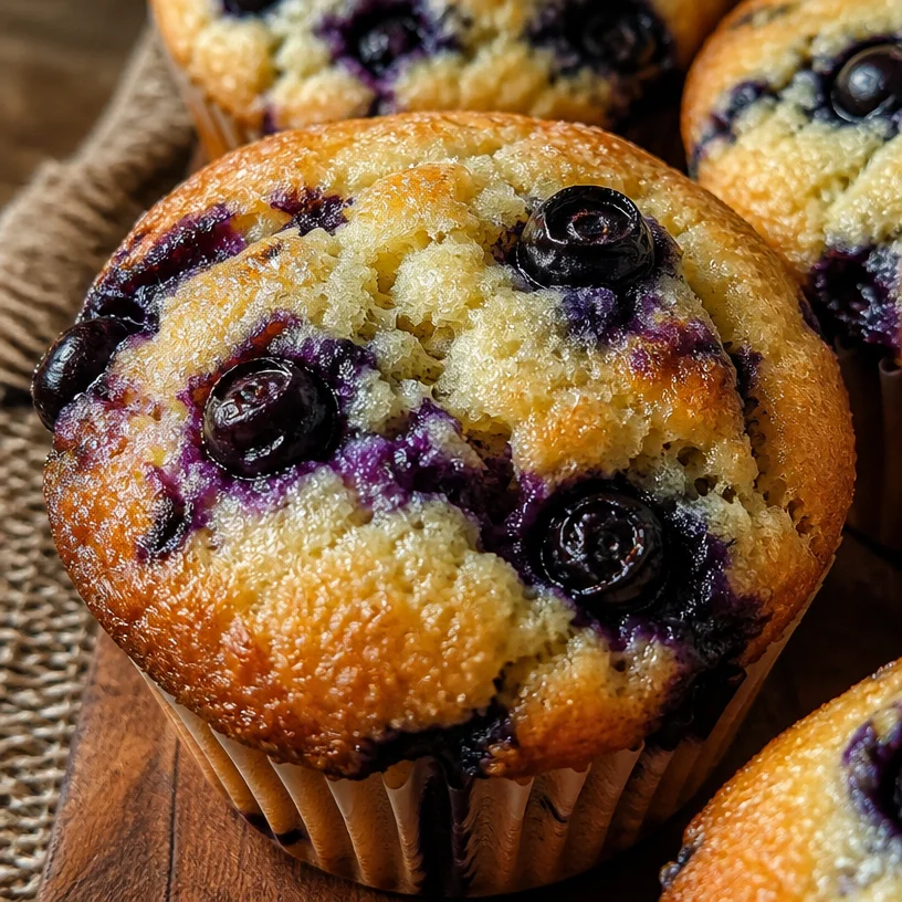 Muffins aux myrtilles au levain, dorés et délicieux, prêts à être dégustés.