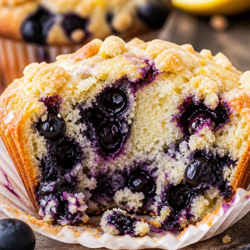 Muffins aux myrtilles et citron sortis du four, prêts à être dégustés.