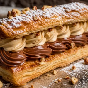 Paris-Brest, pâtisserie française à la crème pralinée et en forme de couronne.