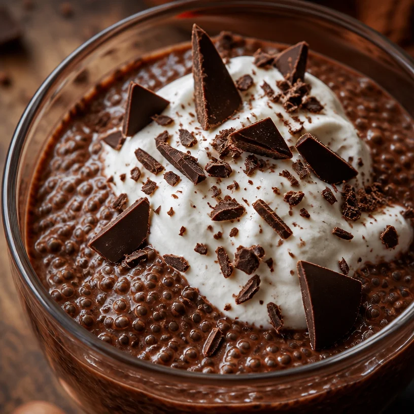 Pudding de chia au chocolat audacieux, parfait pour un dessert sain et délicieux.