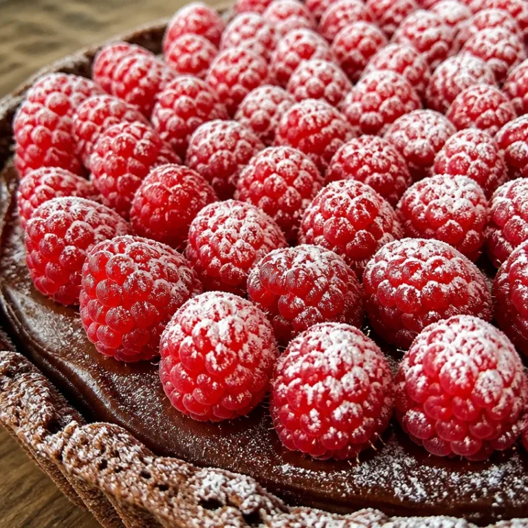 Tarte au chocolat et framboises garnie de fruits frais et chocolat fondant