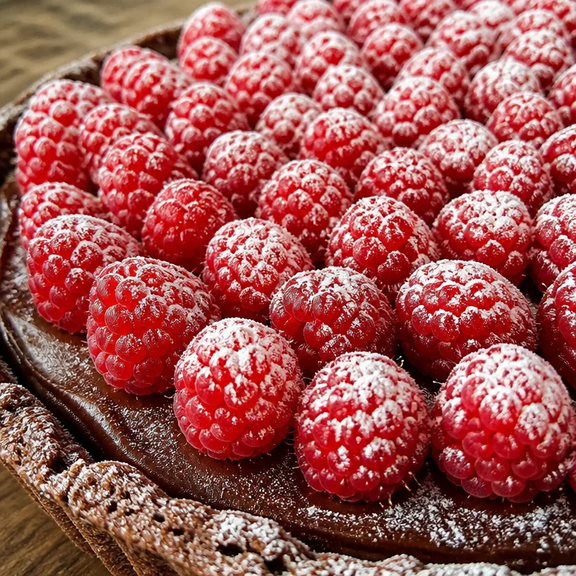 Tarte au chocolat et framboises garnie de fruits frais et chocolat fondant