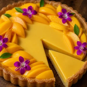 Tarte au Curd de Mangue garnie de fruits frais et de crème