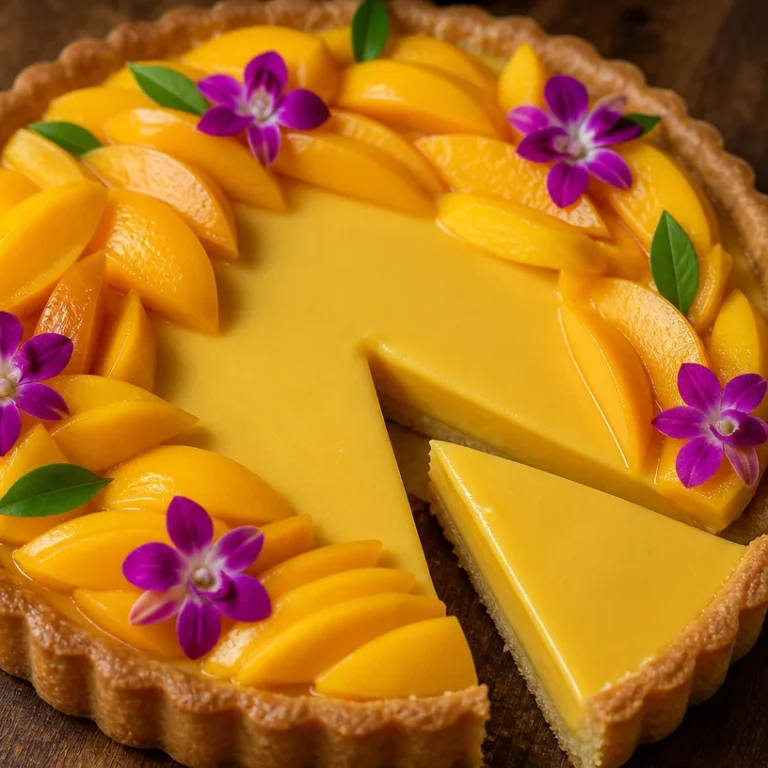 Tarte au Curd de Mangue garnie de fruits frais et de crème