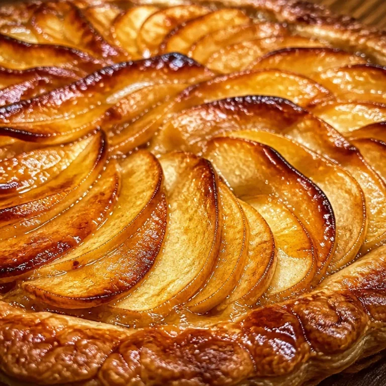 Tarte aux pommes fraîchement cuite, garnie de pommes sélectes et de caramel.