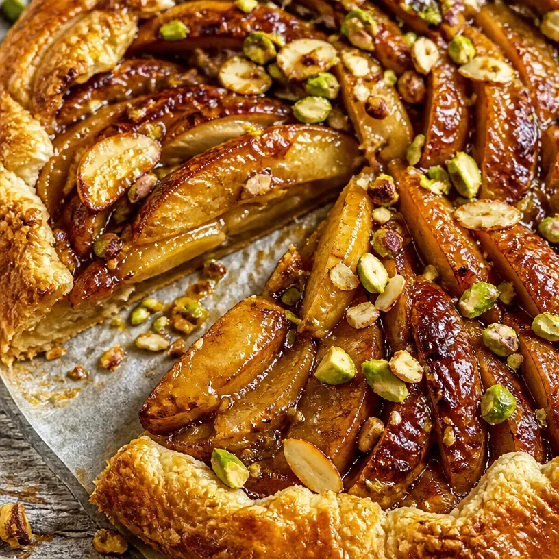 Tarte aux pommes caramélisées garnie de pistaches et amandes
