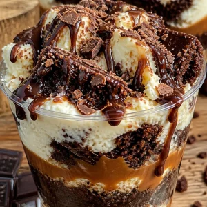 Tasses de cheesecake brownie garnies de crème et chocolat