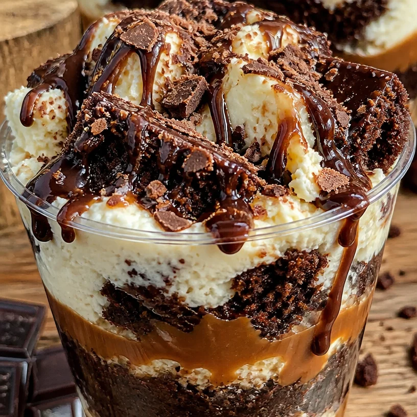 Tasses de cheesecake brownie garnies de crème et chocolat