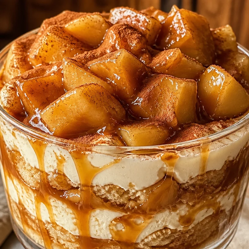 Tiramisu au caramel beurre salé avec des pommes poêlées en présentation gourmande.