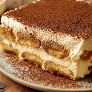 Tiramisu Classique présenté avec une garniture de cacao et café.