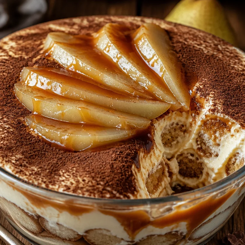 Tiramisu on a plate with pears and salted butter caramel drizzle