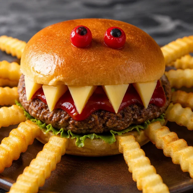 Burger d'Halloween orné de décorations festives et d'ingrédients originaux.