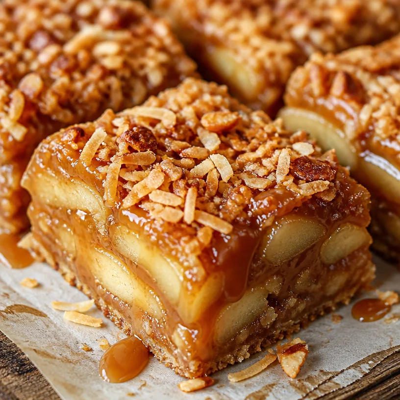 Recette de carrés aux pommes et caramel écossais, dessert savoureux et facile.