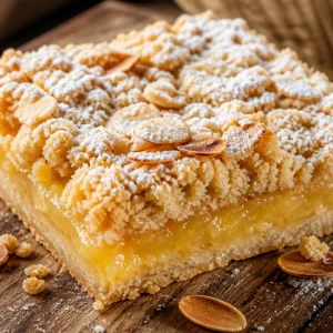 Carrés crumble aux amandes dorés, garnis et prêts à déguster.