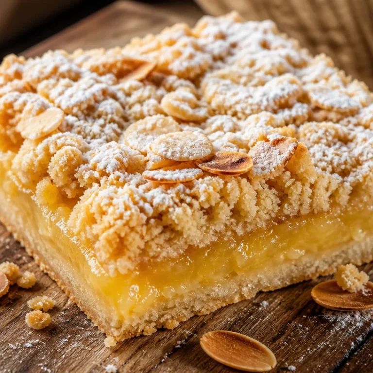 Carrés crumble aux amandes dorés, garnis et prêts à déguster.