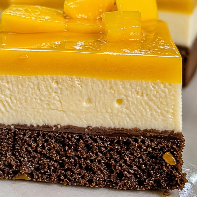 Entremets à la mangue et chocolat sans cuisson, dessert frais et gourmand.