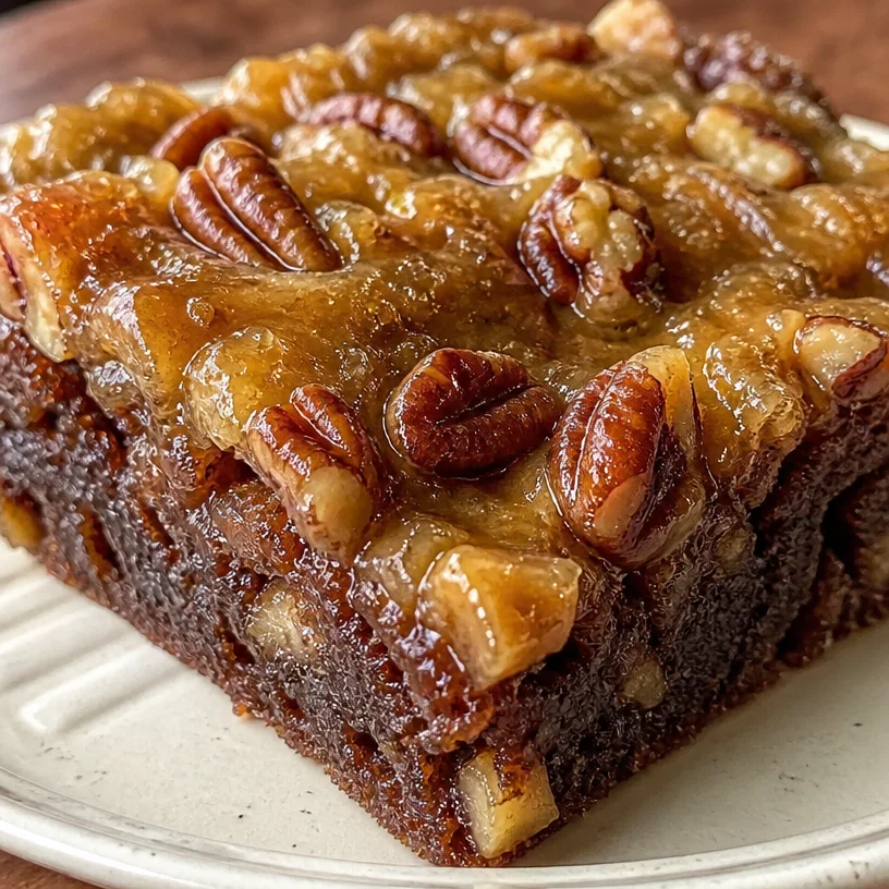 Gâteau aux dattes et pacanes garni de cassonade sur une assiette