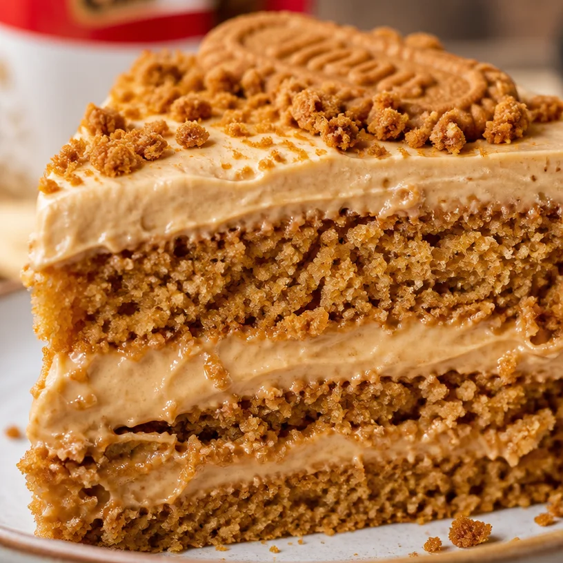 Gâteau Biscoff décoré avec des morceaux de biscuits Biscoff.