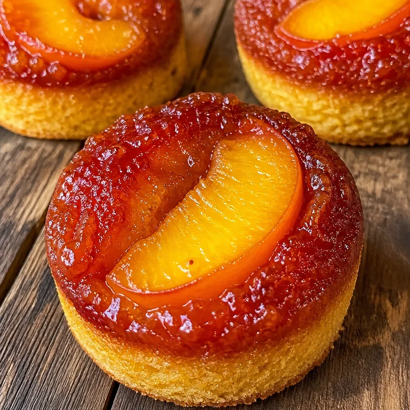 Mini gâteaux renversés aux pêches sur une assiette décorative.