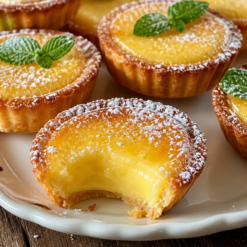 Mini tartelettes au citron sur une assiette, garnies de crème citron et zeste.