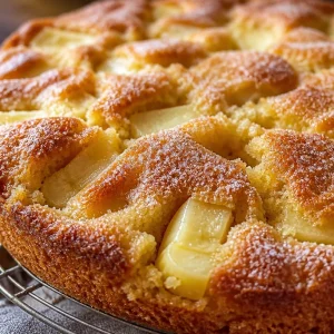 Gâteau aux pommes moelleux et rapide, servi sur une assiette avec des tranches de pomme