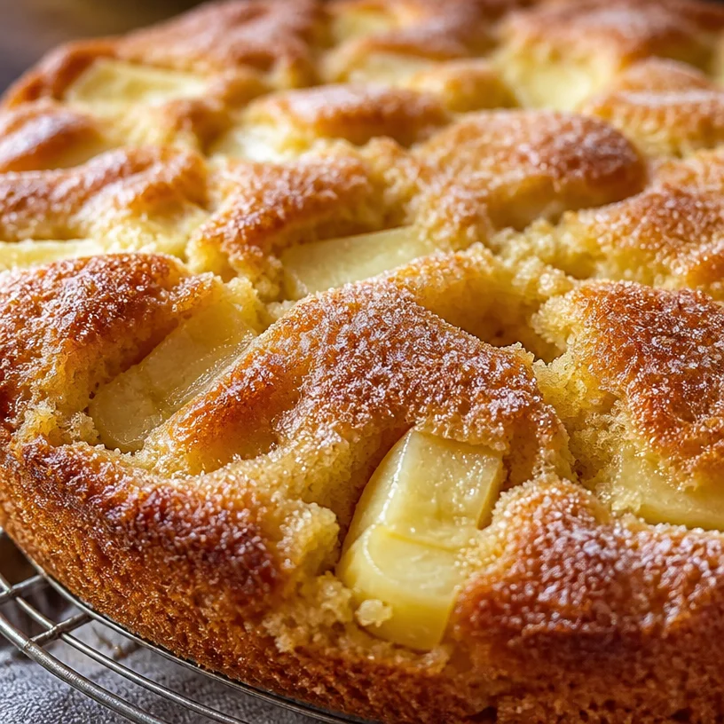 Gâteau aux pommes moelleux et rapide, servi sur une assiette avec des tranches de pomme