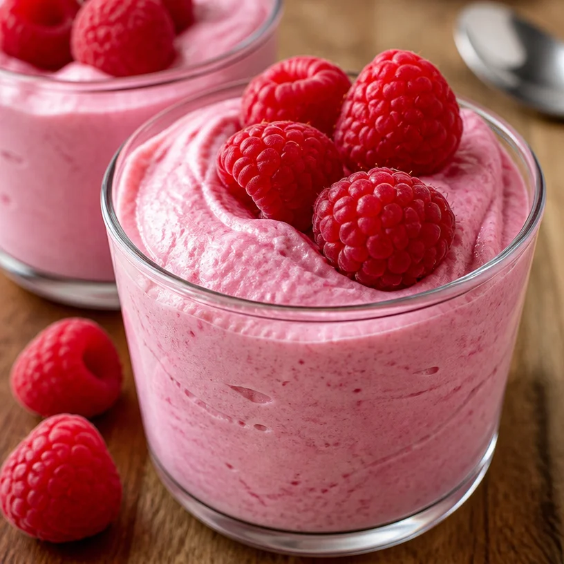 Mousse aux framboises garnie de framboises fraîches