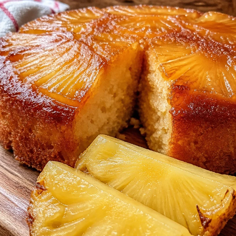 Gâteau à l'ananas frais et moelleux, décoré de tranches d'ananas.