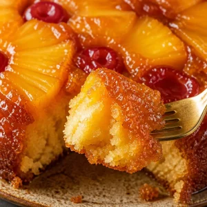 Gâteau renversé à l'ananas frais et croustillant sur une assiette