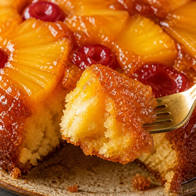 Gâteau renversé à l'ananas frais et croustillant sur une assiette