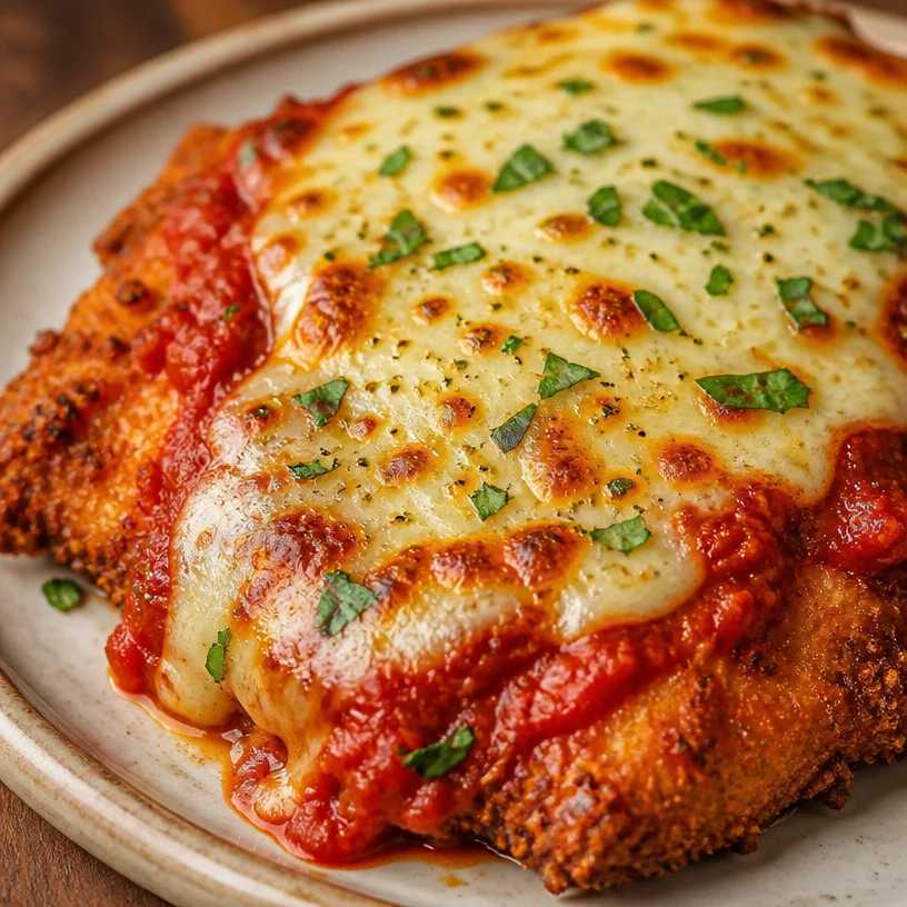 Plat de Poulet Parmigiana avec sauce tomate et fromage fondu
