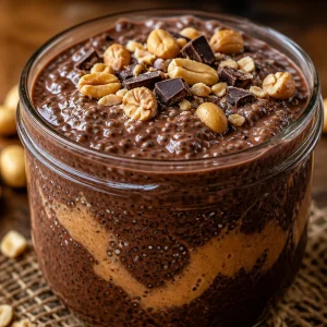 Pudding aux graines de chia au chocolat et cacahuète dans un bol