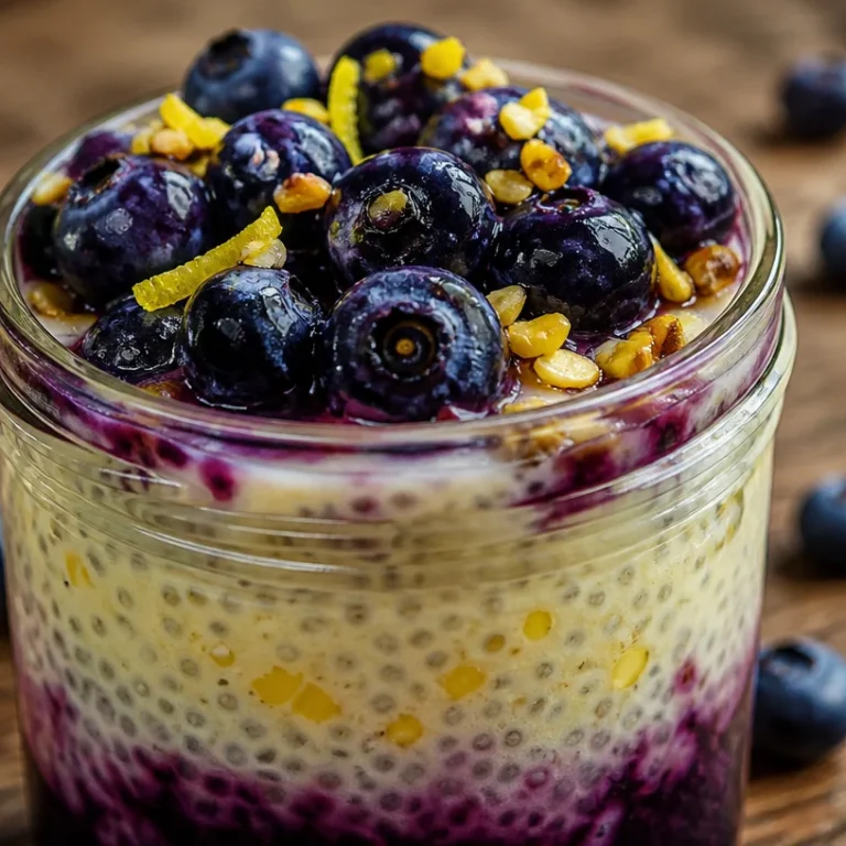 Pudding chia citron myrtille, un dessert sain et frais dans un verre.