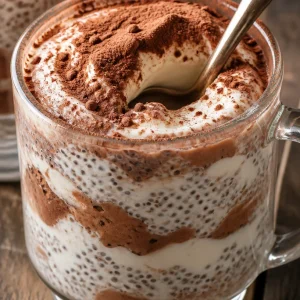 Chia Tiramisu au Yaourt Grec, un dessert crémeux et délicieux avec des couches de chia.