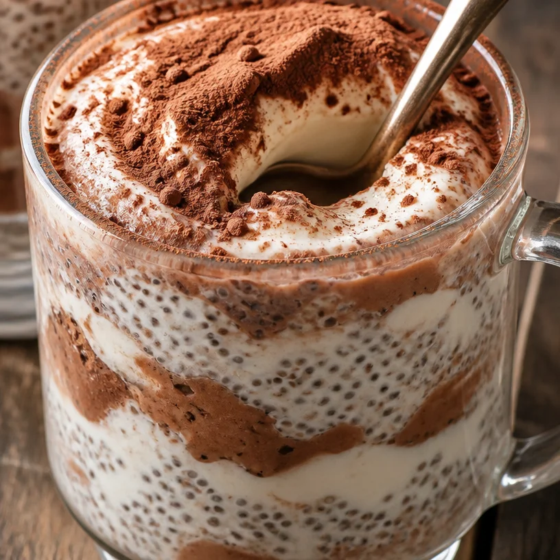 Chia Tiramisu au Yaourt Grec, un dessert crémeux et délicieux avec des couches de chia.